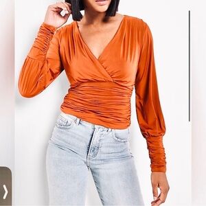 EXPRESS HARVEST GOLD V-NECK BLOUSE W/ & RUCHED WAIST XL